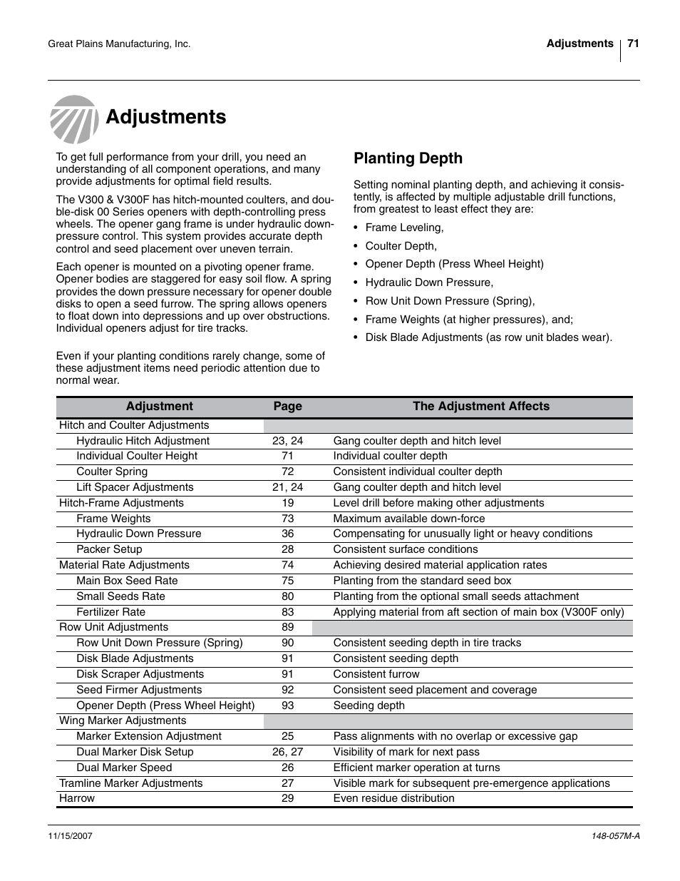 Adjustments, Planting depth, Adjustments planting depth | Great Plains V-300F Operator Manual User Manual | Page 75 / 132