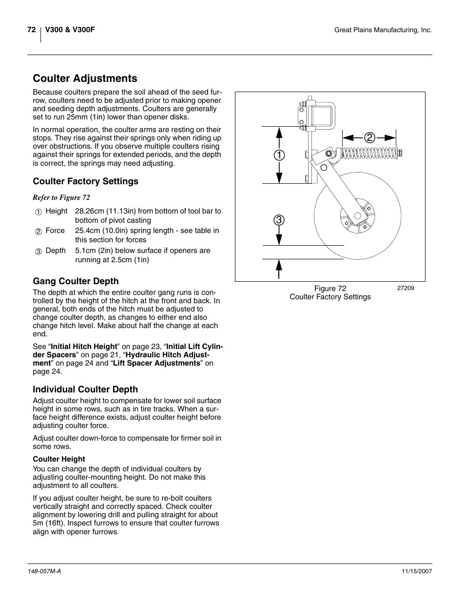 Coulter adjustments, Coulter factory settings, Gang coulter depth | Individual coulter depth, Coulter height | Great Plains V-300F Operator Manual User Manual | Page 76 / 132