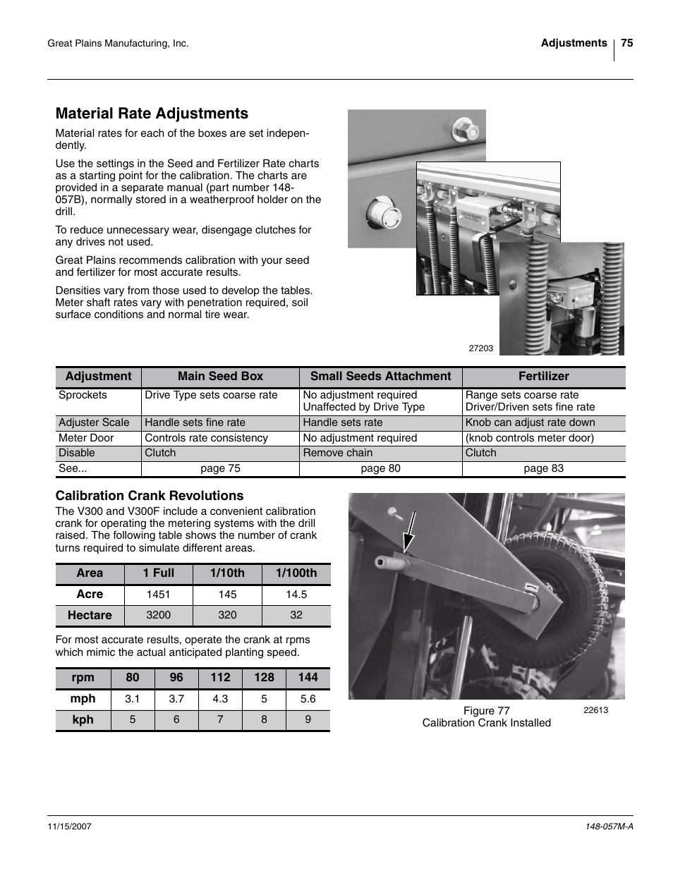 Material rate adjustments, Calibration crank revolutions | Great Plains V-300F Operator Manual User Manual | Page 79 / 132