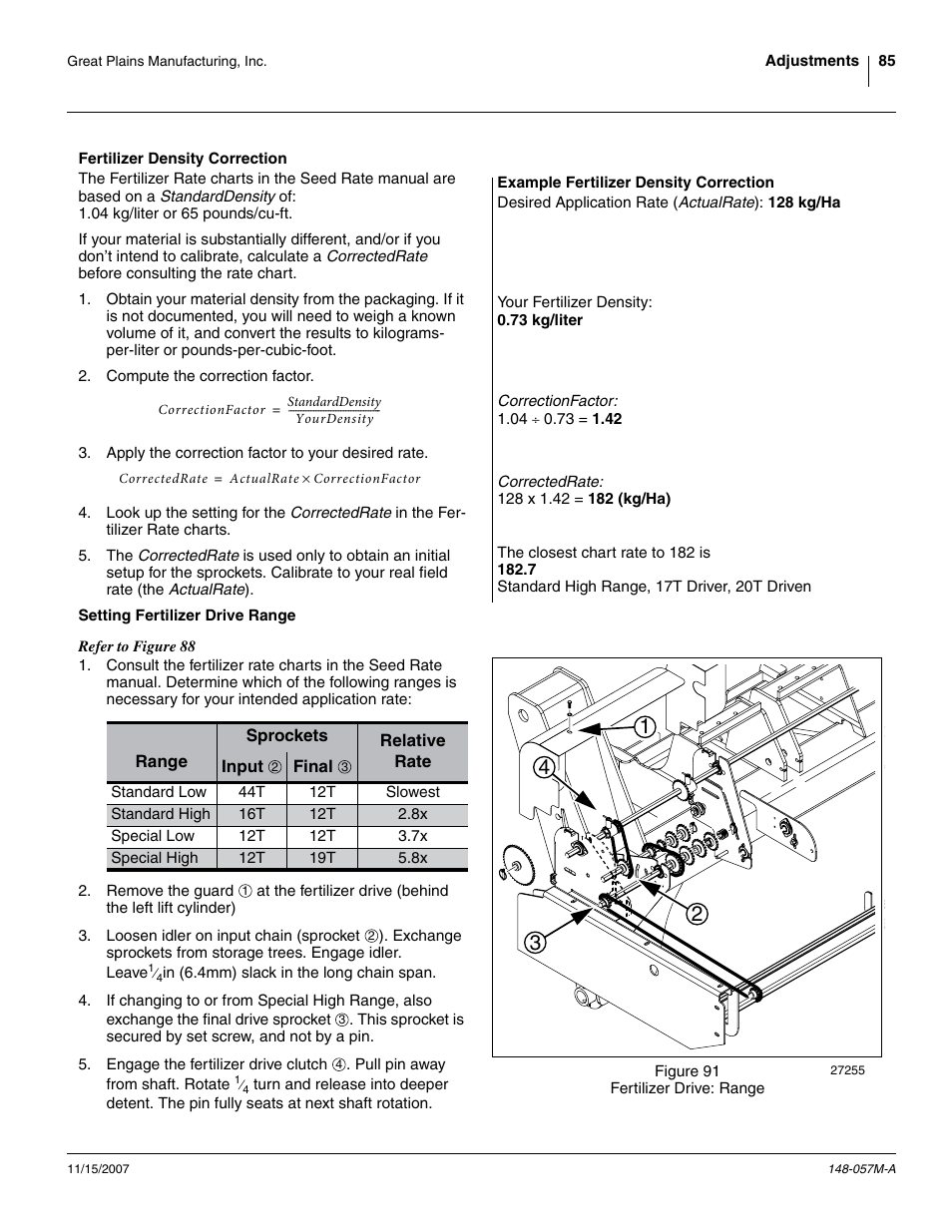 Fertilizer density correction, Example fertilizer density correction, Setting fertilizer drive range | Great Plains V-300F Operator Manual User Manual | Page 89 / 132