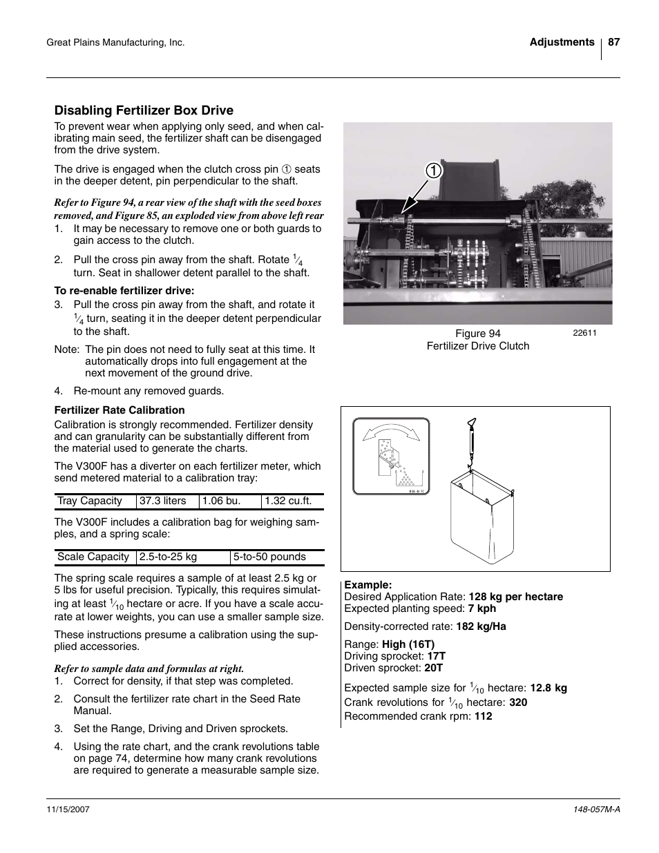 Disabling fertilizer box drive, To re-enable fertilizer drive, Fertilizer rate calibration | Great Plains V-300F Operator Manual User Manual | Page 91 / 132