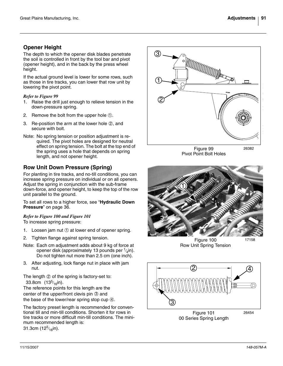 Opener height, Row unit down pressure (spring), Opener height row unit down pressure (spring) | Great Plains V-300F Operator Manual User Manual | Page 95 / 132