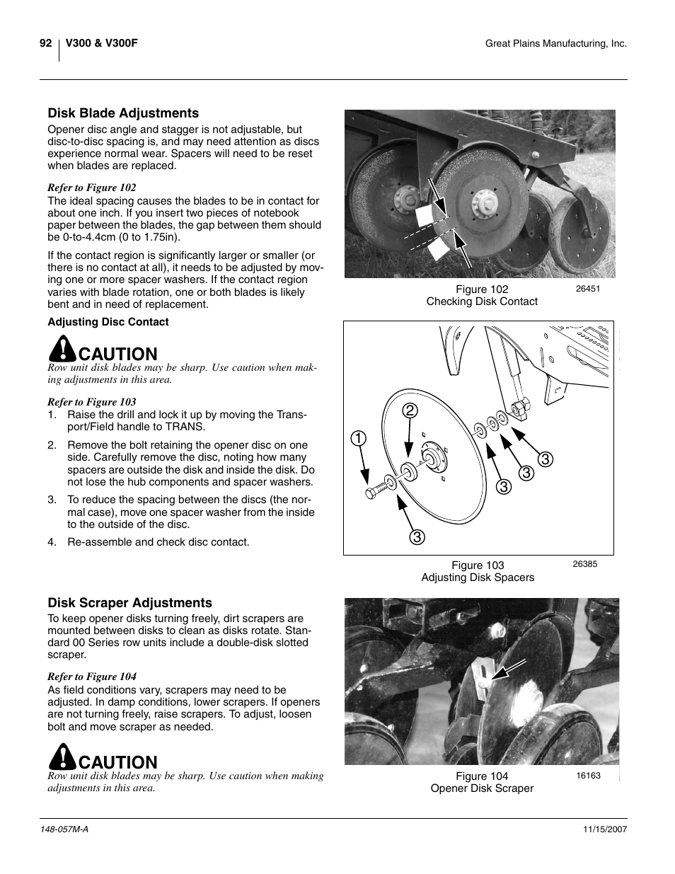 Disk blade adjustments, Adjusting disc contact, Disk scraper adjustments | Disk blade adjustments (as ro, Caution | Great Plains V-300F Operator Manual User Manual | Page 96 / 132