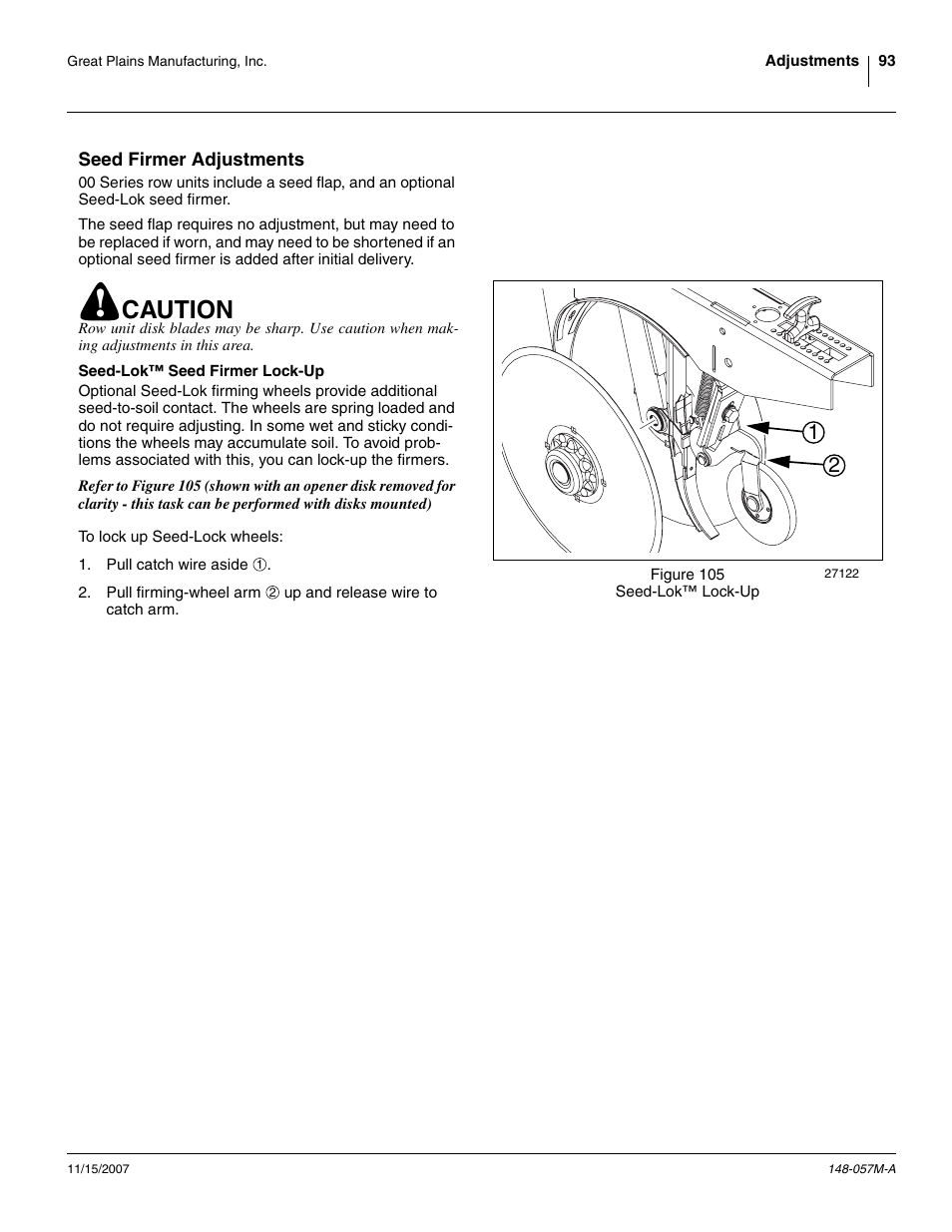 Seed firmer adjustments, Seed-lok™ seed firmer lock-up, Caution | Great Plains V-300F Operator Manual User Manual | Page 97 / 132