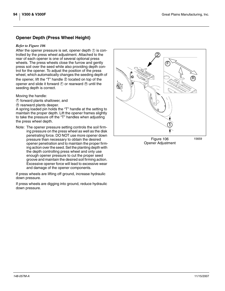 Opener depth (press wheel height) | Great Plains V-300F Operator Manual User Manual | Page 98 / 132