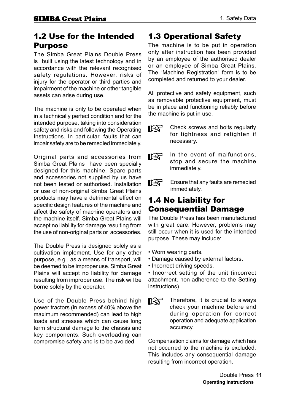3 operational safety, 4 no liability for consequential damage, 2 use for the intended purpose | Great Plains P18046B Operator Manual User Manual | Page 11 / 146