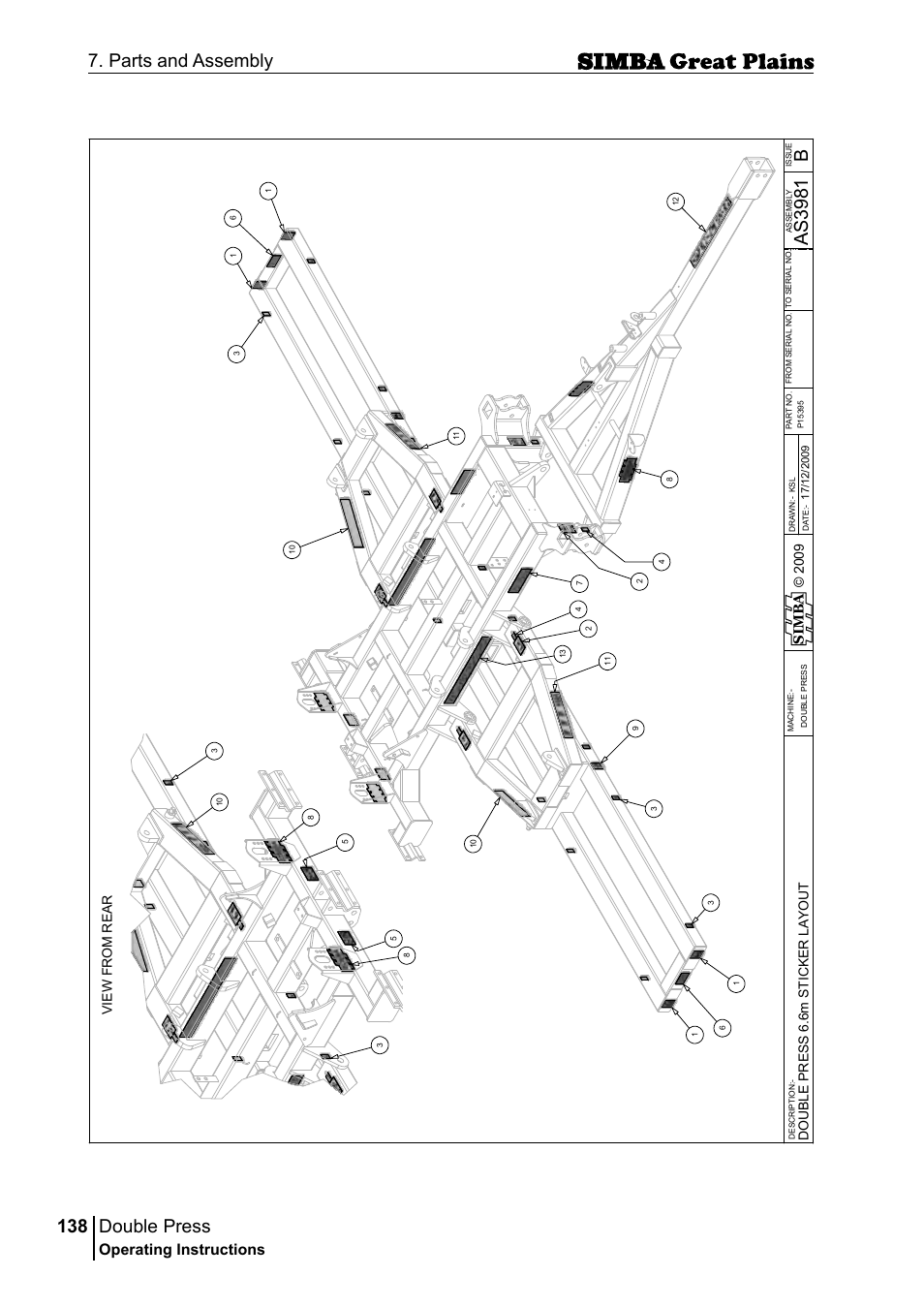 Double press, 138 7. parts and assembly, Bas 39 81 | Operating instructions, Si m b a, Do u bl e pr es s 6. 6m s ti c ke r l ay o u t | Great Plains P18046B Operator Manual User Manual | Page 138 / 146