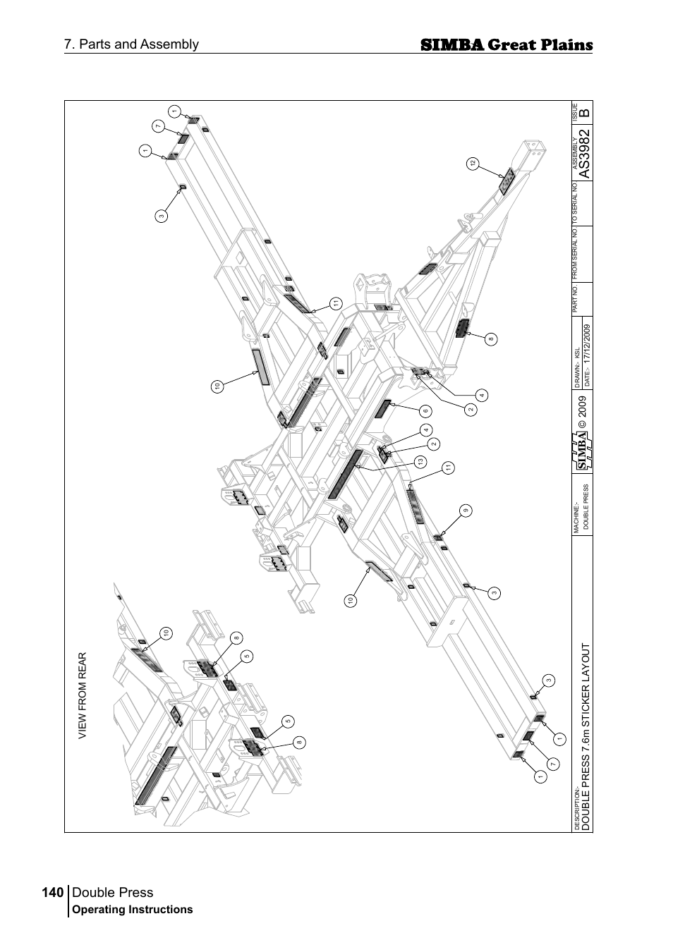 Double press, 140 7. parts and assembly, Bas 39 82 | Operating instructions, Si m b a, Do u bl e pr es s 7. 6m s ti c ke r l ay o u t | Great Plains P18046B Operator Manual User Manual | Page 140 / 146