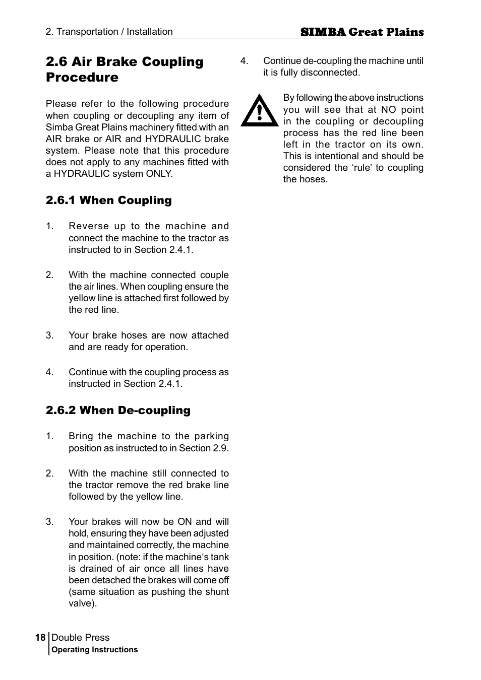 6 air brake coupling procedure | Great Plains P18046B Operator Manual User Manual | Page 18 / 146