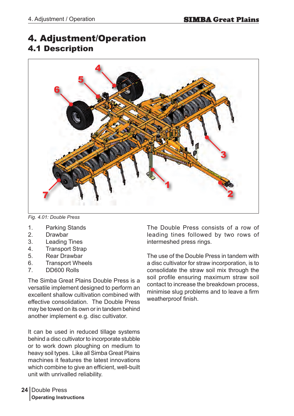 Adjustment/operation, 1 description | Great Plains P18046B Operator Manual User Manual | Page 24 / 146
