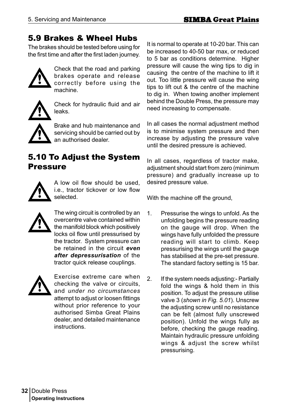 10 to adjust the system pressure, 9 brakes & wheel hubs | Great Plains P18046B Operator Manual User Manual | Page 32 / 146