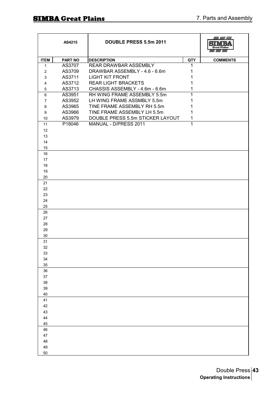 43 double press, Parts and assembly | Great Plains P18046B Operator Manual User Manual | Page 43 / 146