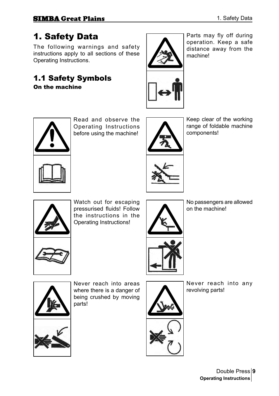 Safety data, 1 safety symbols | Great Plains P18046B Operator Manual User Manual | Page 9 / 146