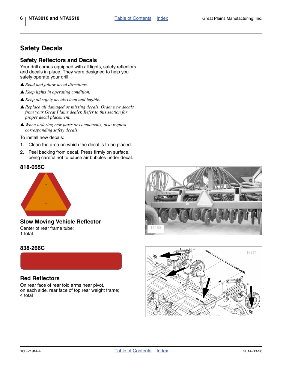 Safety decals, Safety reflectors and decals, 055c slow moving vehicle reflector | 266c red reflectors | Great Plains NTA3010 Operator Manual User Manual | Page 10 / 76