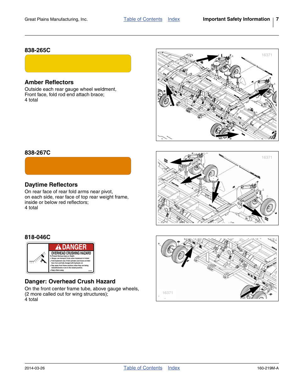 265c amber reflectors, 267c daytime reflectors, 046c danger: overhead crush hazard | Danger | Great Plains NTA3010 Operator Manual User Manual | Page 11 / 76