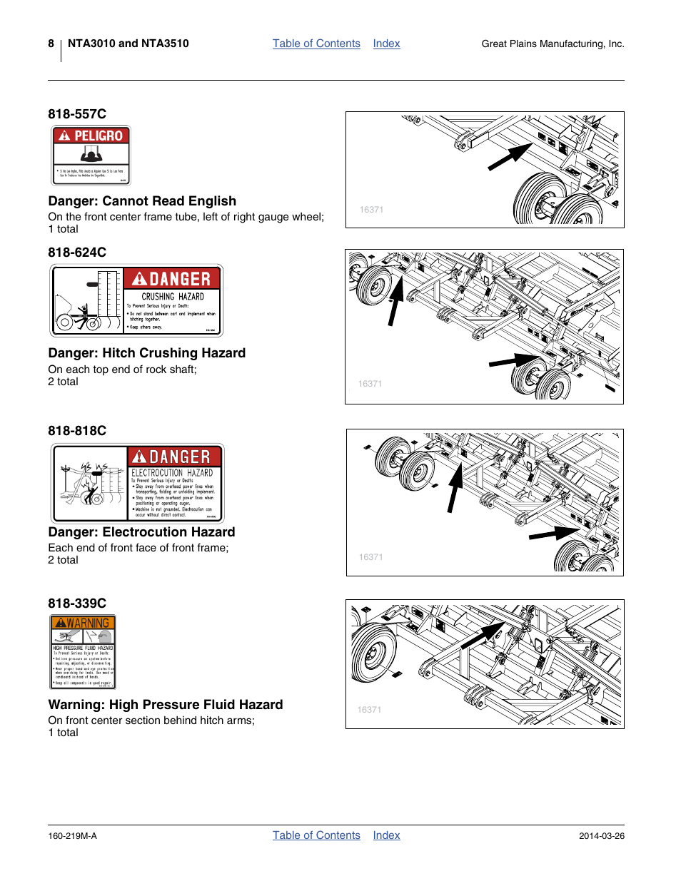 557c danger: cannot read english, 624c danger: hitch crushing hazard, 818c danger: electrocution hazard | 339c warning: high pressure fluid hazard | Great Plains NTA3010 Operator Manual User Manual | Page 12 / 76