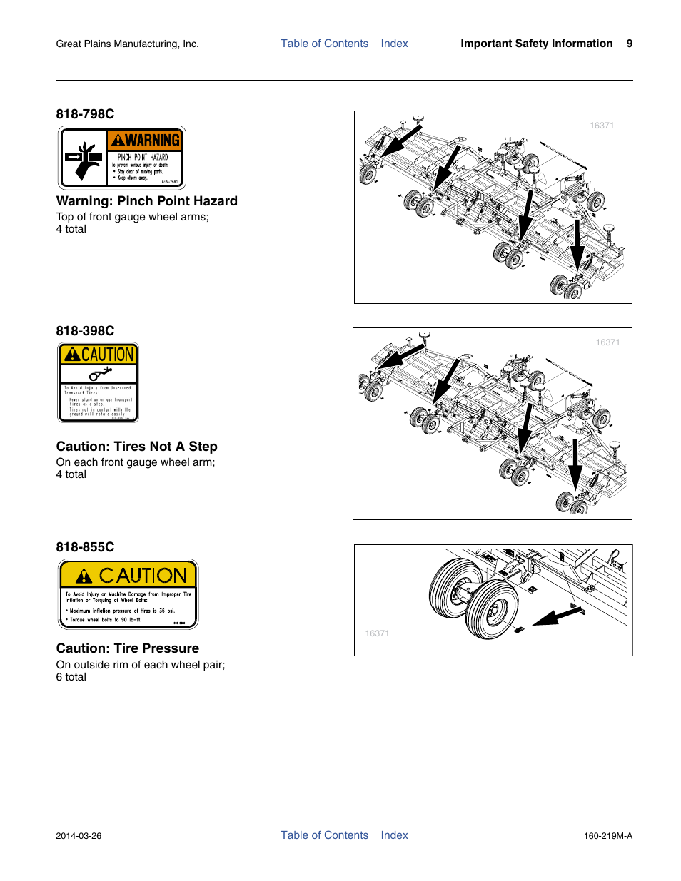 798c warning: pinch point hazard, 398c caution: tires not a step, 855c caution: tire pressure | Great Plains NTA3010 Operator Manual User Manual | Page 13 / 76