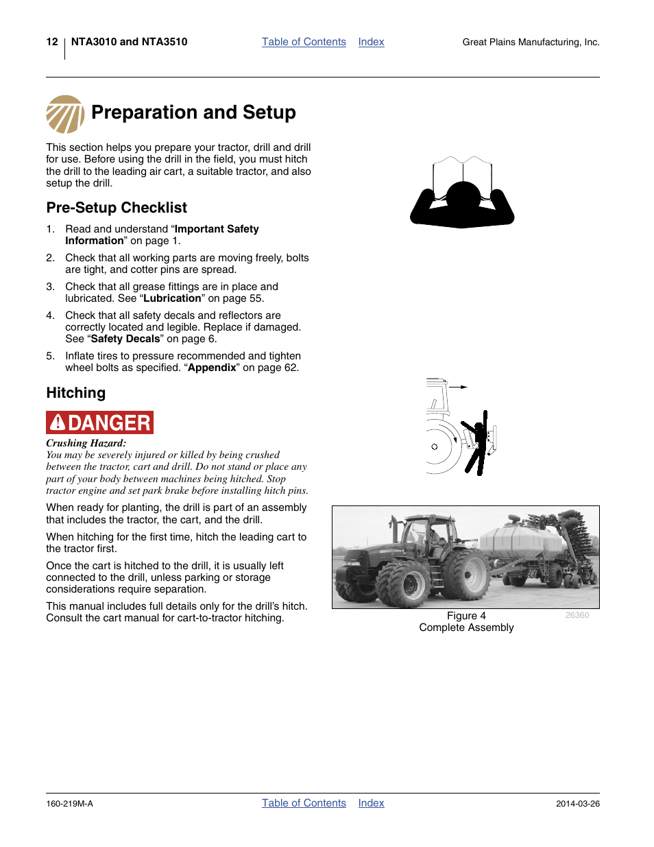 Preparation and setup, Pre-setup checklist, Hitching | Preparation and setup pre-setup checklist hitching | Great Plains NTA3010 Operator Manual User Manual | Page 16 / 76