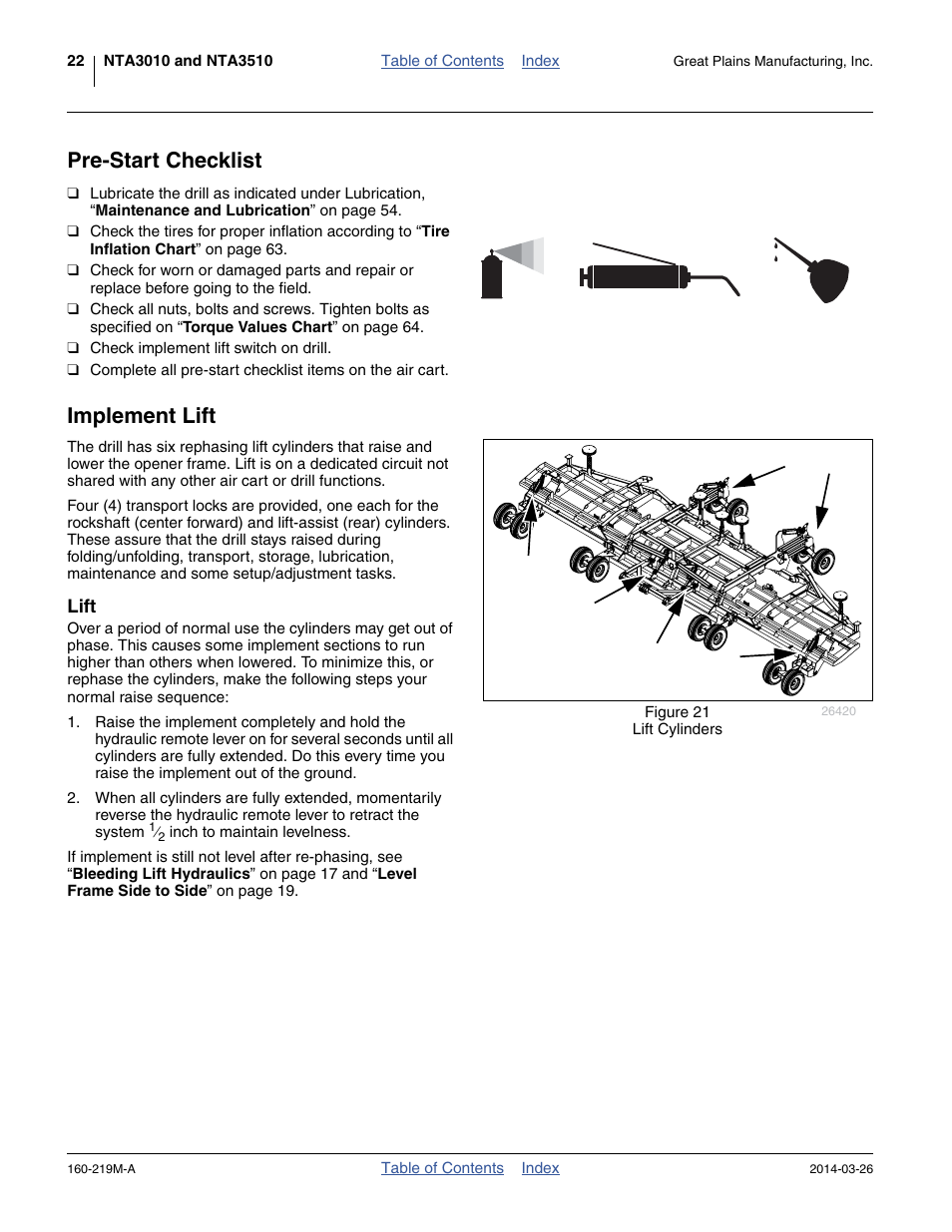 Pre-start checklist, Implement lift, Lift | Pre-start checklist implement lift | Great Plains NTA3010 Operator Manual User Manual | Page 26 / 76