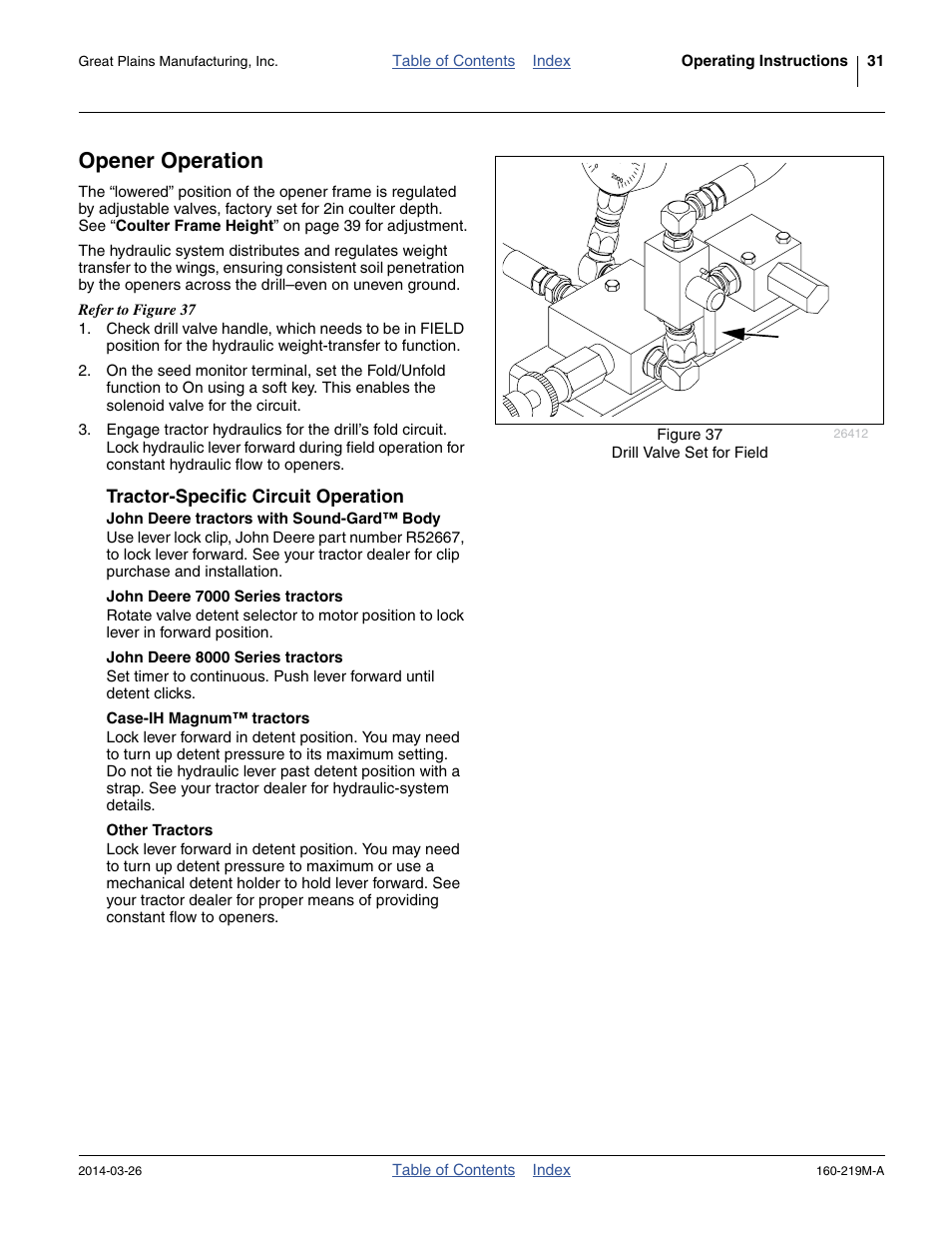 Opener operation, Tractor-specific circuit operation, John deere tractors with sound-gard™ body | John deere 7000 series tractors, John deere 8000 series tractors, Case-ih magnum™ tractors, Other tractors | Great Plains NTA3010 Operator Manual User Manual | Page 35 / 76