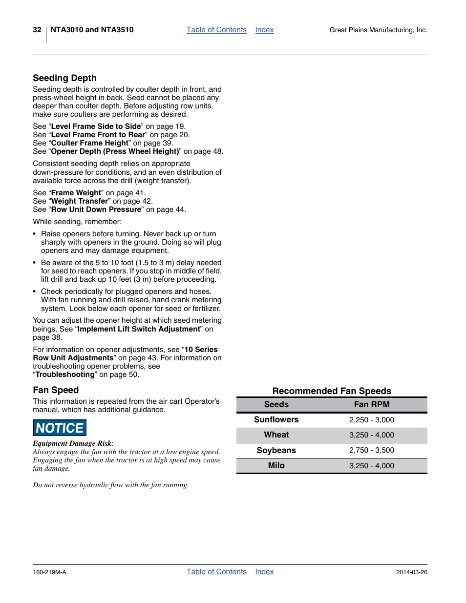 Seeding depth, Fan speed, Seeding depth fan speed | Great Plains NTA3010 Operator Manual User Manual | Page 36 / 76