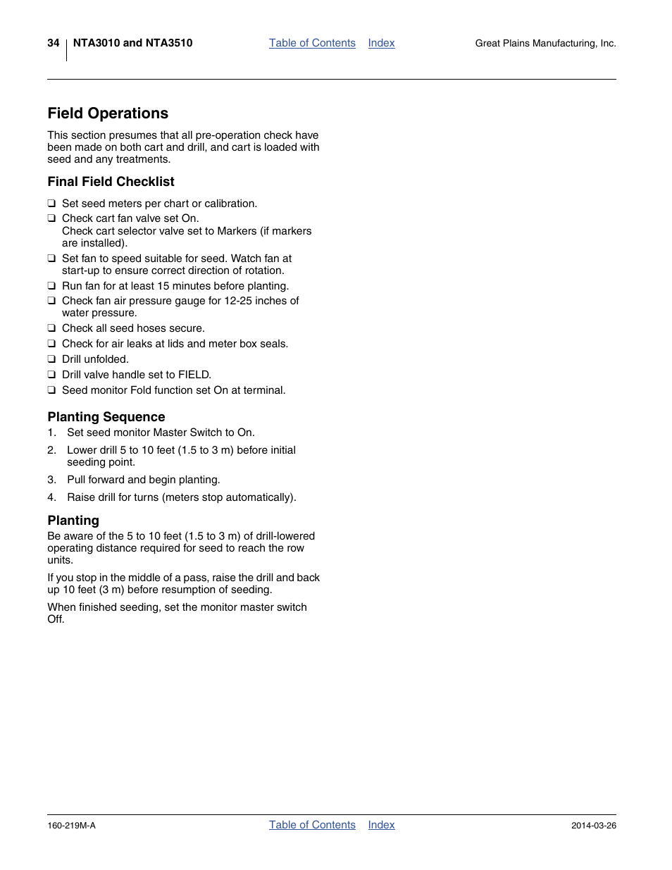 Field operations, Final field checklist, Planting sequence | Planting, Final field checklist planting sequence planting | Great Plains NTA3010 Operator Manual User Manual | Page 38 / 76