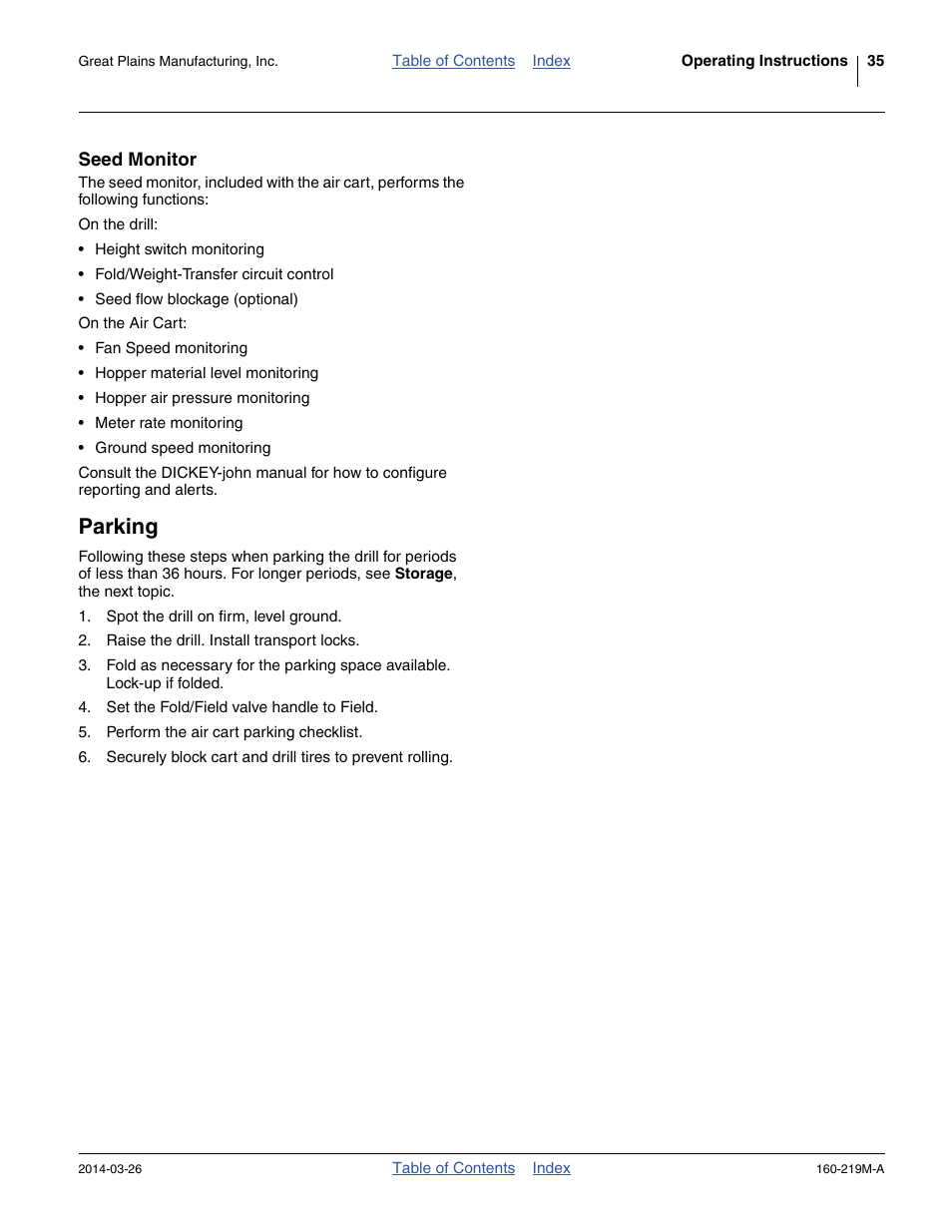 Seed monitor, Parking | Great Plains NTA3010 Operator Manual User Manual | Page 39 / 76