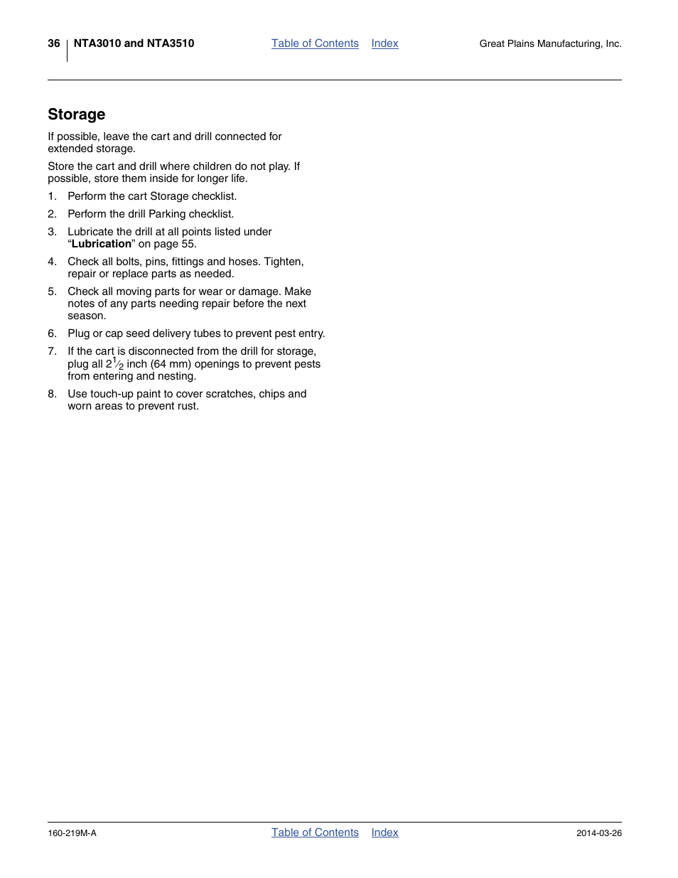 Storage | Great Plains NTA3010 Operator Manual User Manual | Page 40 / 76