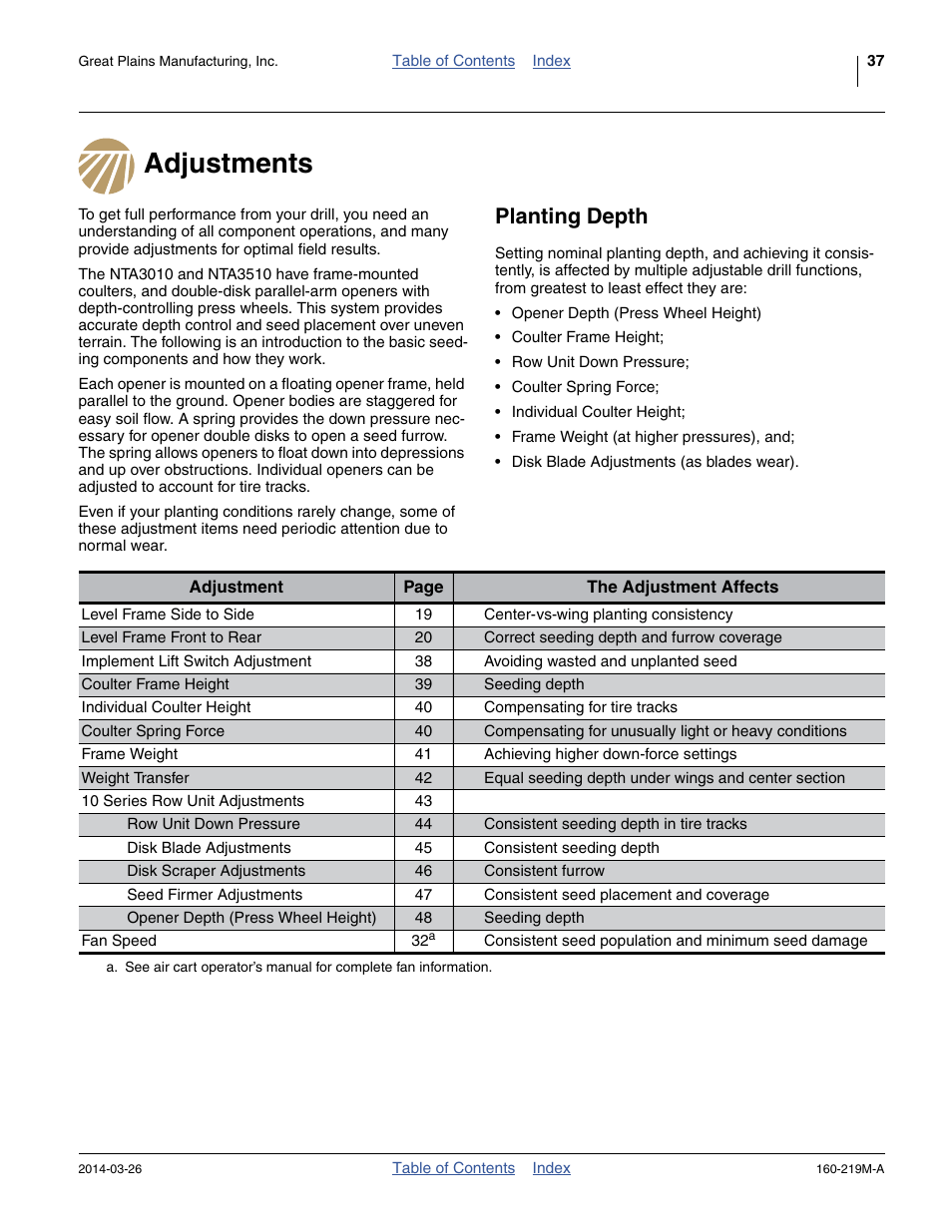 Adjustments, Planting depth, Adjustments planting depth | Great Plains NTA3010 Operator Manual User Manual | Page 41 / 76