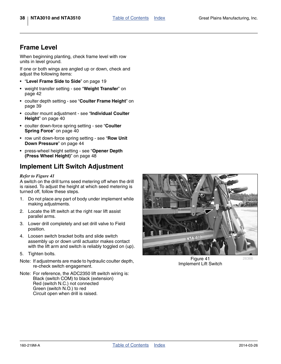Frame level, Implement lift switch adjustment, Frame level implement lift switch adjustment | Great Plains NTA3010 Operator Manual User Manual | Page 42 / 76