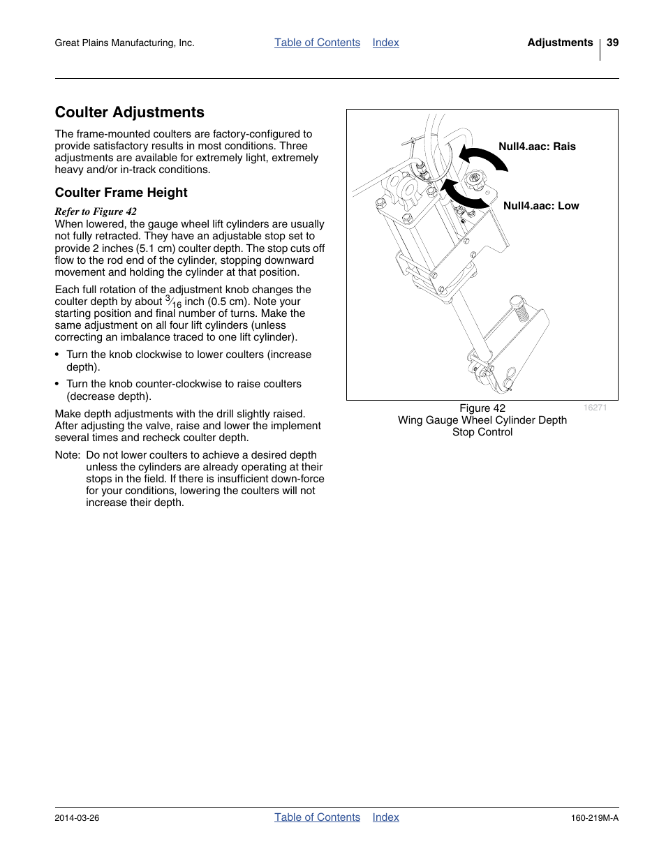 Coulter adjustments, Coulter frame height, See “ coulter frame height ” on | Great Plains NTA3010 Operator Manual User Manual | Page 43 / 76