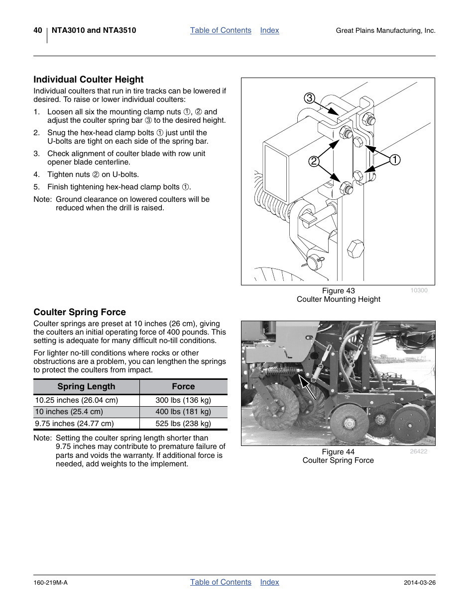 Individual coulter height, Coulter spring force, Individual coulter height coulter spring force | Ing setting - see “ coulter | Great Plains NTA3010 Operator Manual User Manual | Page 44 / 76