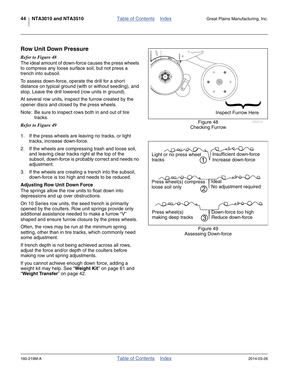 Row unit down pressure, Adjusting row unit down force, Ing setting - see “ row unit | Great Plains NTA3010 Operator Manual User Manual | Page 48 / 76