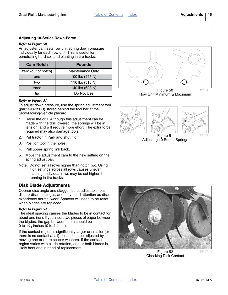 Adjusting 10-series down-force, Disk blade adjustments, Disk blade adjustments (as b | Great Plains NTA3010 Operator Manual User Manual | Page 49 / 76