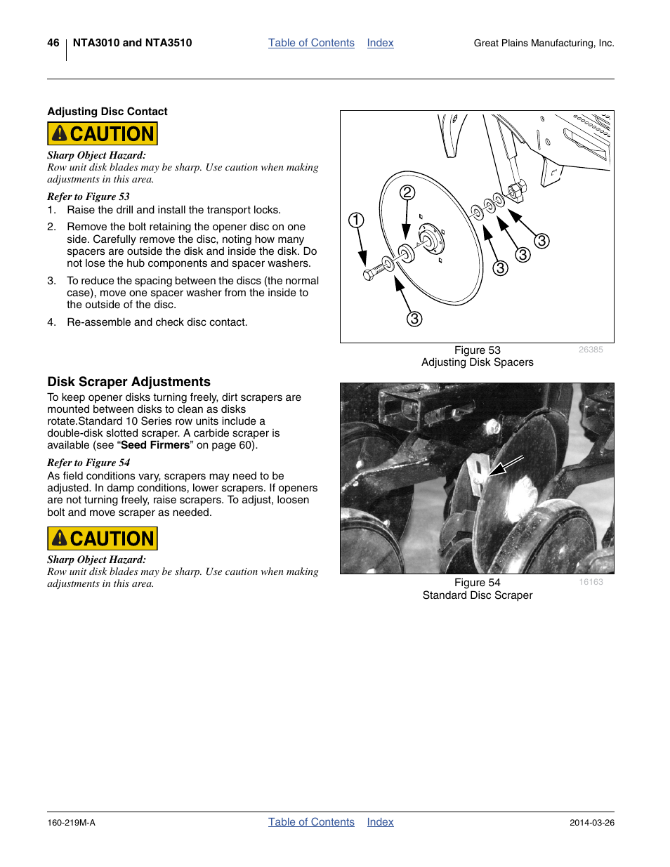 Adjusting disc contact, Disk scraper adjustments | Great Plains NTA3010 Operator Manual User Manual | Page 50 / 76