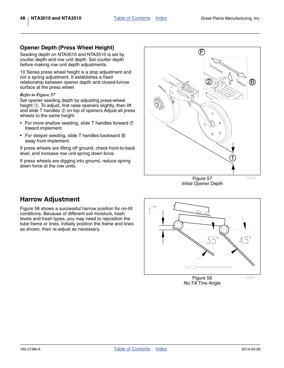 Opener depth (press wheel height), Harrow adjustment, Wheel height setting - see “ opener depth | 12 b f | Great Plains NTA3010 Operator Manual User Manual | Page 52 / 76