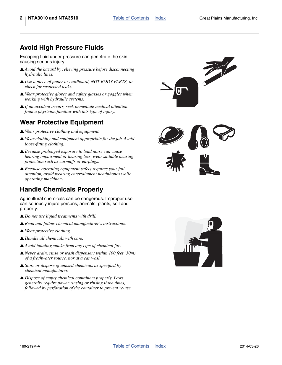 Avoid high pressure fluids, Wear protective equipment, Handle chemicals properly | Great Plains NTA3010 Operator Manual User Manual | Page 6 / 76