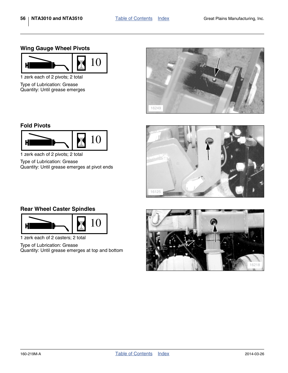 Wing gauge wheel pivots, Fold pivots, Rear wheel caster spindles | Great Plains NTA3010 Operator Manual User Manual | Page 60 / 76