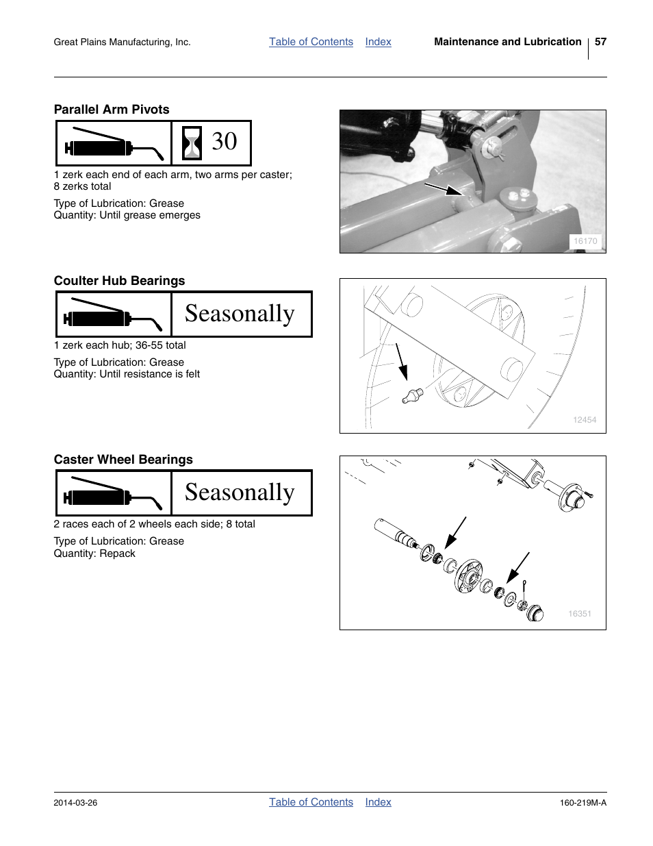 Parallel arm pivots, Coulter hub bearings, Caster wheel bearings | Seasonally | Great Plains NTA3010 Operator Manual User Manual | Page 61 / 76