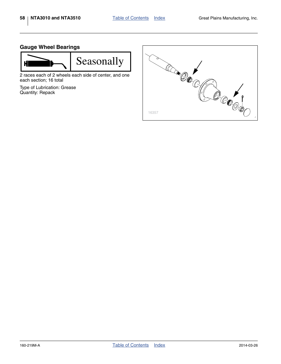 Gauge wheel bearings, Seasonally | Great Plains NTA3010 Operator Manual User Manual | Page 62 / 76