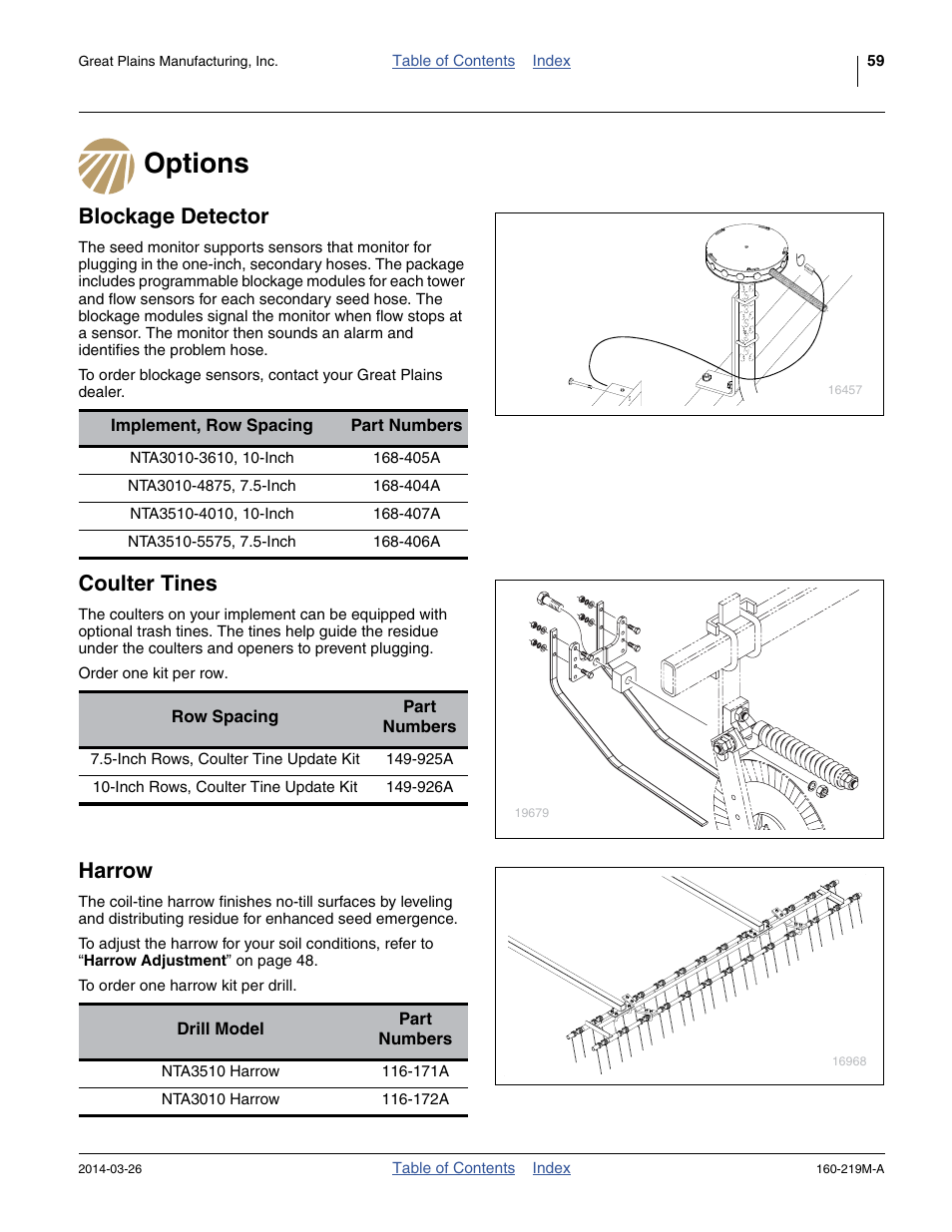 Options, Blockage detector, Coulter tines | Harrow | Great Plains NTA3010 Operator Manual User Manual | Page 63 / 76