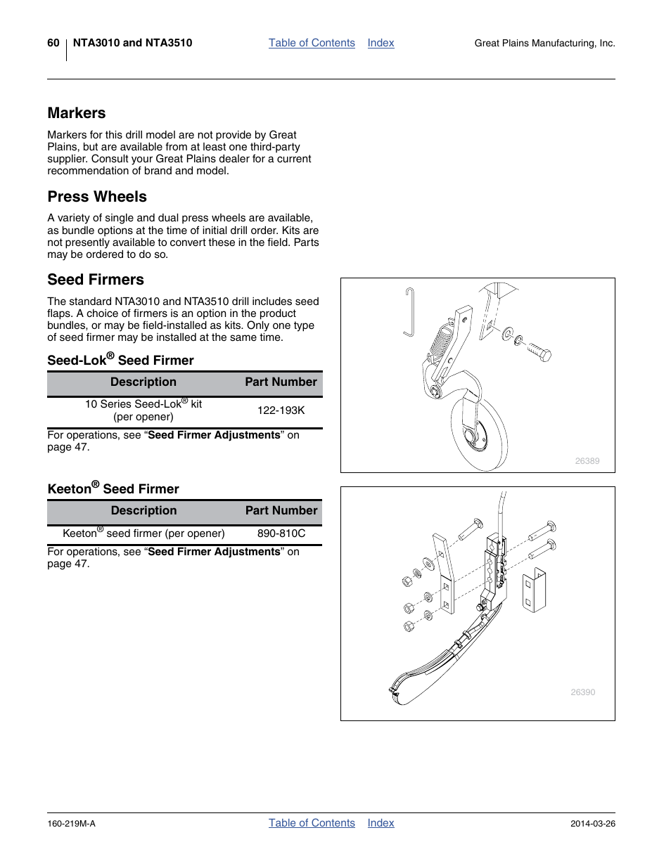 Markers, Press wheels, Seed firmers | Seed-lok® seed firmer, Keeton® seed firmer | Great Plains NTA3010 Operator Manual User Manual | Page 64 / 76