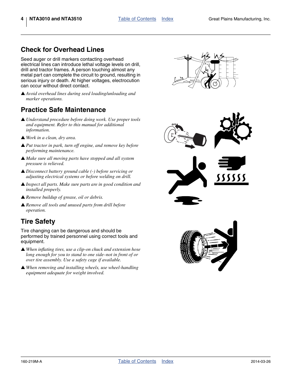 Check for overhead lines, Practice safe maintenance, Tire safety | Great Plains NTA3010 Operator Manual User Manual | Page 8 / 76