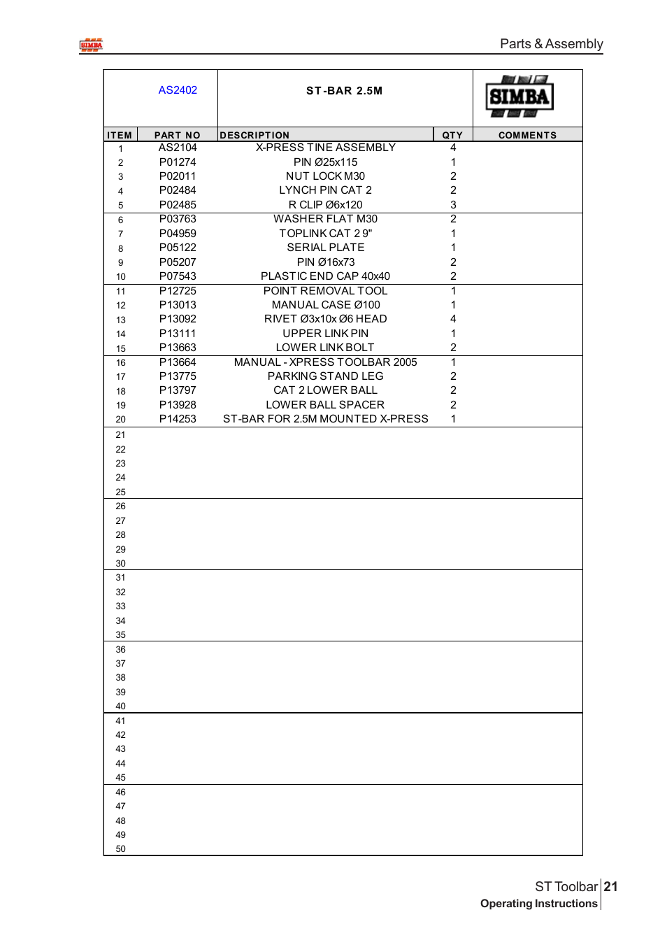 21 st toolbar, Parts & assembly | Great Plains P13664 Serial No 12298 User Manual | Page 21 / 34