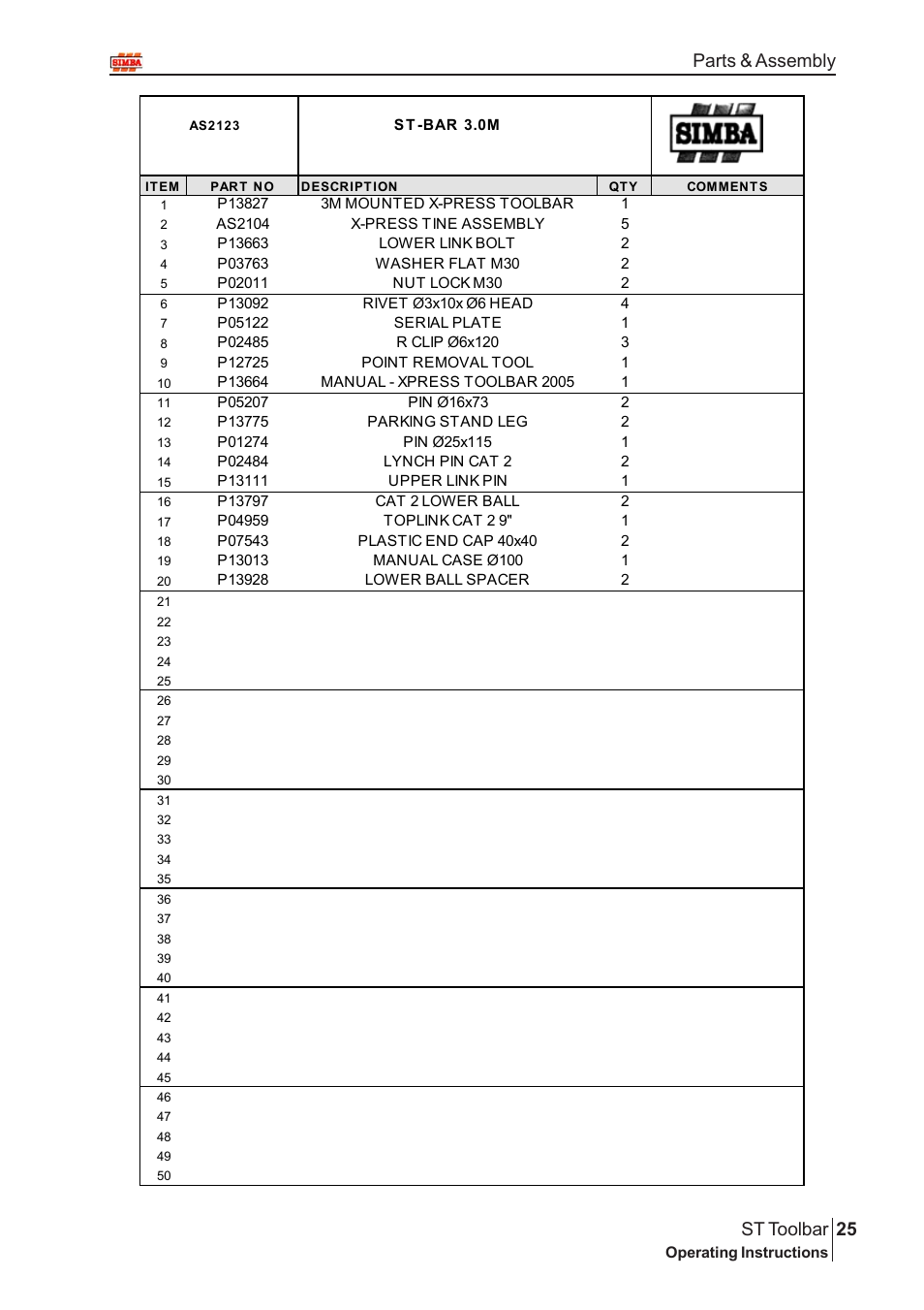 25 st toolbar, Parts & assembly | Great Plains P13664 Serial No 12298 User Manual | Page 25 / 34