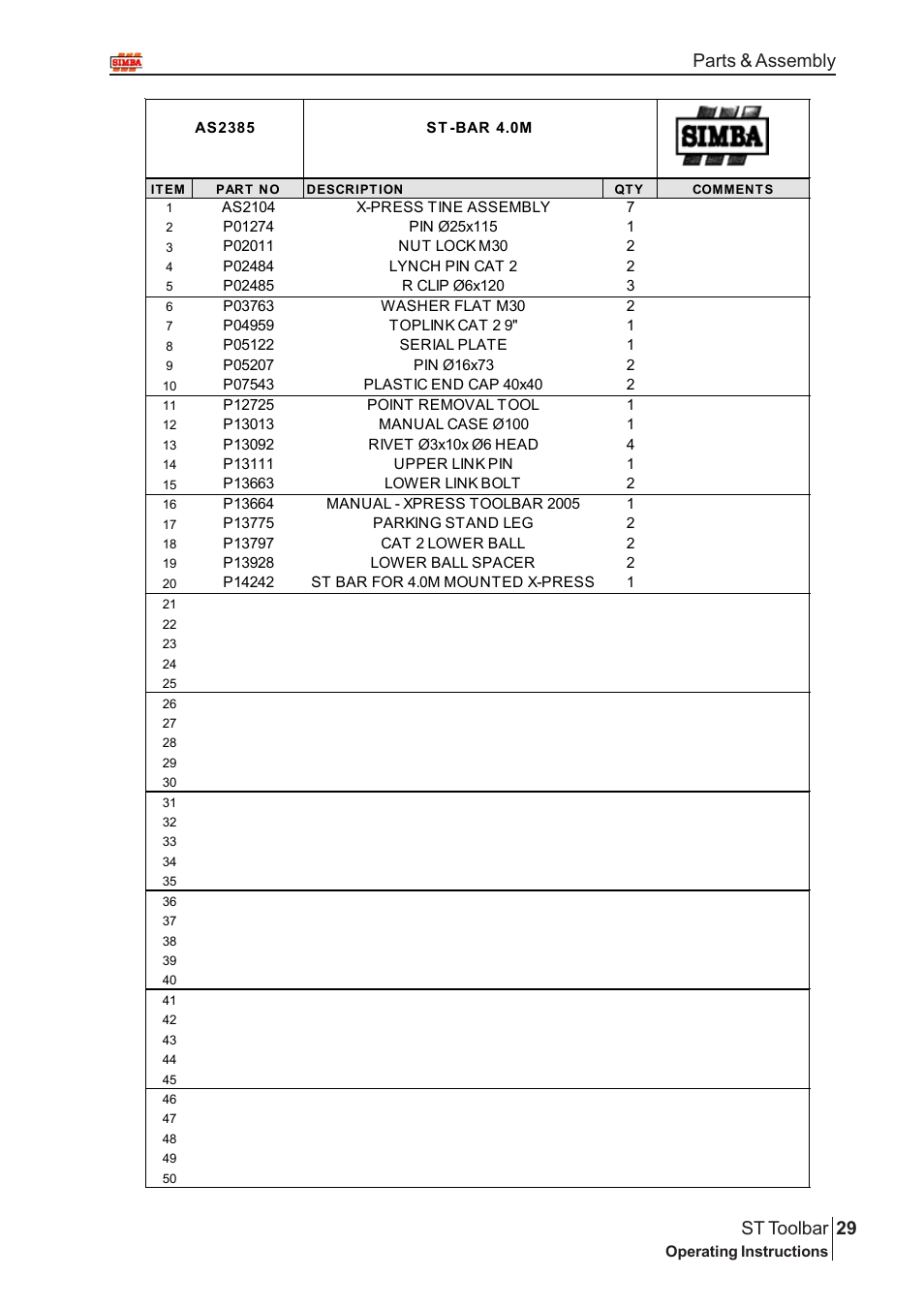 29 st toolbar, Parts & assembly | Great Plains P13664 Serial No 12298 User Manual | Page 29 / 34