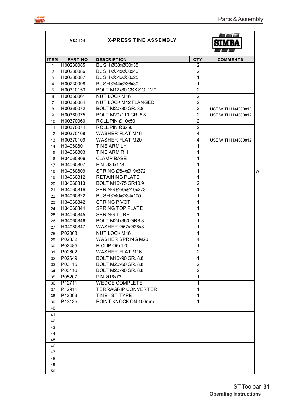 31 st toolbar, Parts & assembly | Great Plains P13664 Serial No 12298 User Manual | Page 31 / 34