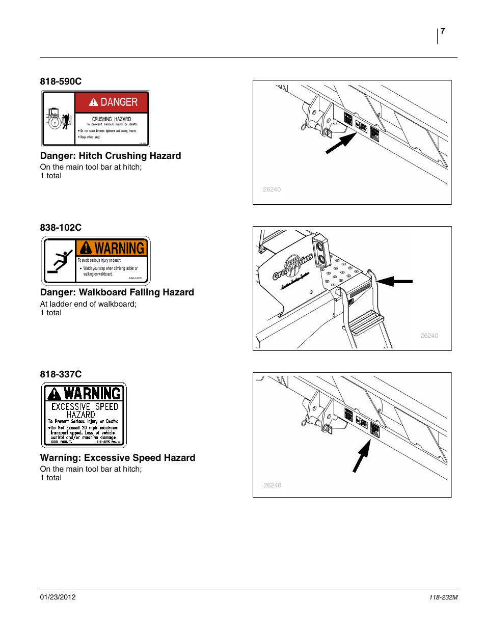 590c danger: hitch crushing hazard, 102c danger: walkboard falling hazard, 337c warning: excessive speed hazard | Warning | Great Plains 2525F Operator Manual User Manual | Page 11 / 88