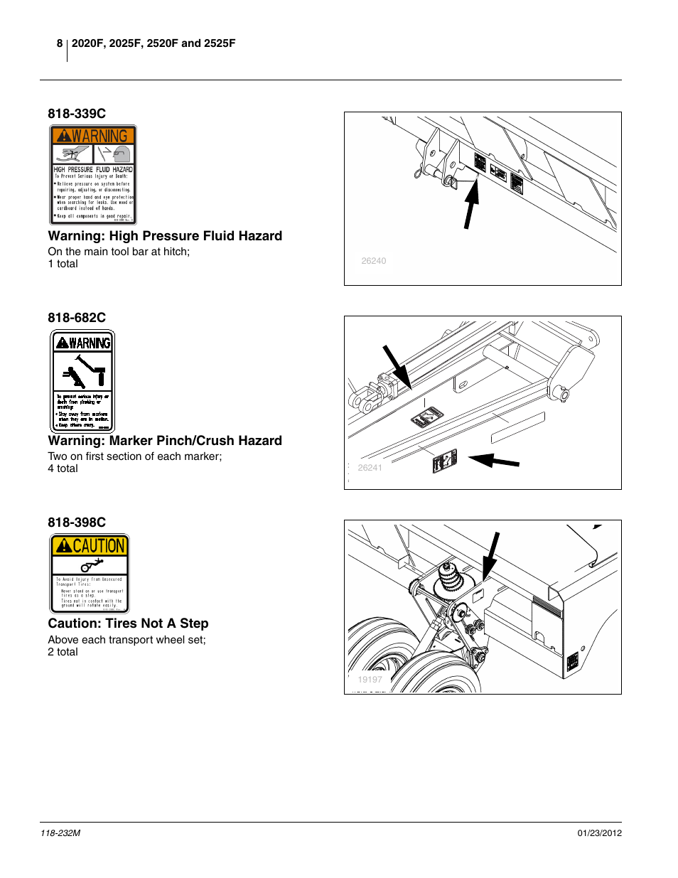 339c warning: high pressure fluid hazard, 682c warning: marker pinch/crush hazard, 398c caution: tires not a step | Great Plains 2525F Operator Manual User Manual | Page 12 / 88
