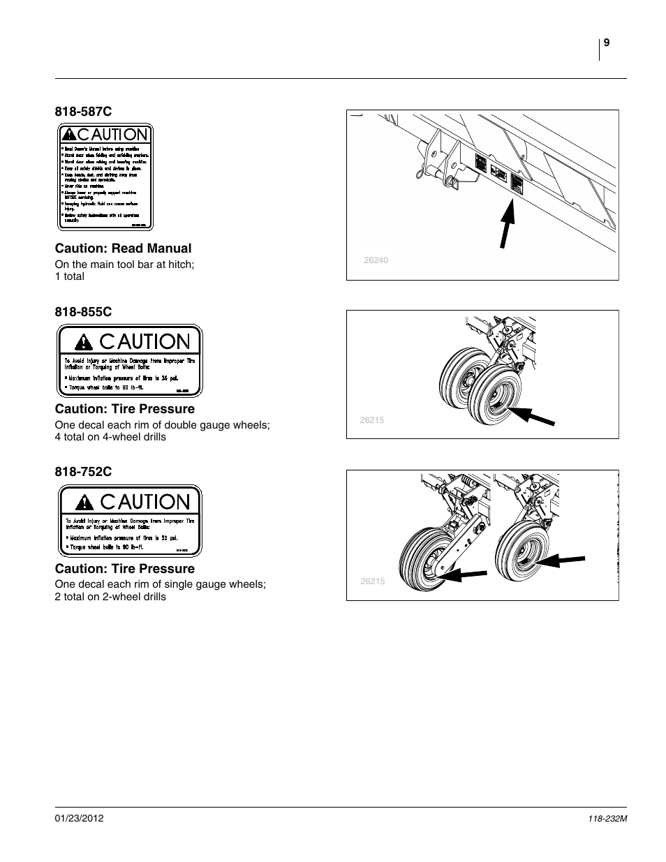 587c caution: read manual, 855c caution: tire pressure, 752c caution: tire pressure | Great Plains 2525F Operator Manual User Manual | Page 13 / 88